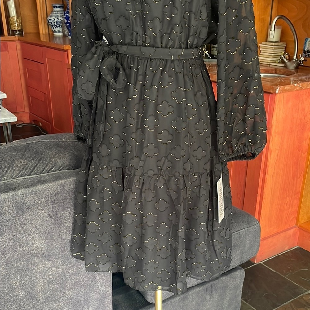 NWT Nanette Lepore Black Gold Sheer Sleeve Tiered Dress Party Dress 6 - Picture 4 of 11